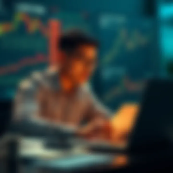 A crypto investor analyzing market trends with charts and a laptop, considering strategies for dollar-cost averaging and savings for future investments.