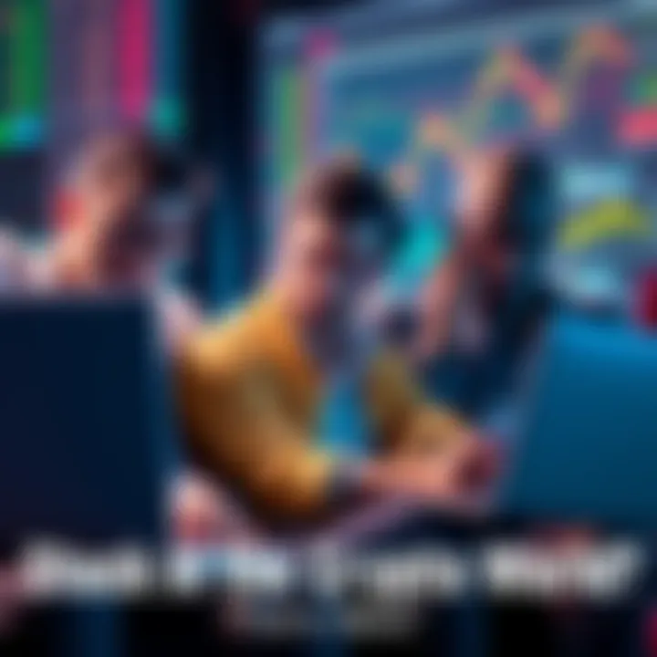 A group of worried investors looking at cryptocurrency charts on laptops and phones, reflecting uncertainty in the market.