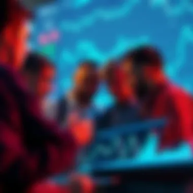 A group of investors looking at charts and discussing their crypto portfolio, realizing the impact of over-diversification.