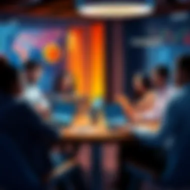 A group of diverse people discussing cryptocurrency investment strategies at a round table, with laptops and charts visible.