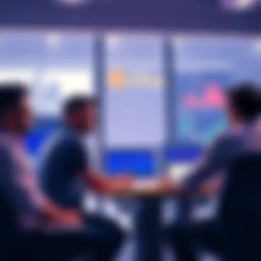 A group of crypto investors discussing strategies at a modern office space with charts and graphs on screens, highlighting market trends for 2026.