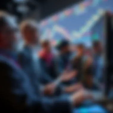 Group of diverse investors looking at market charts on screens, showing excitement and focus on cryptocurrency trends