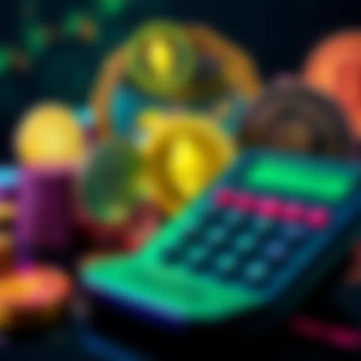 A visual representation of various crypto IRA options with icons for Bitcoin, Ethereum, and other cryptocurrencies alongside a calculator symbolizing tax-free investments.
