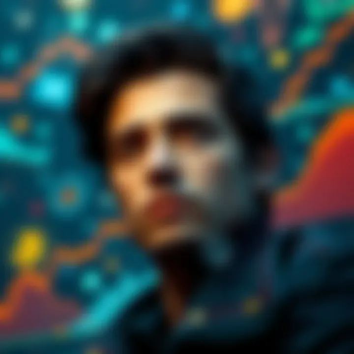 A person reflecting on their crypto experiences, surrounded by digital symbols and charts, illustrating the highs and lows of the industry