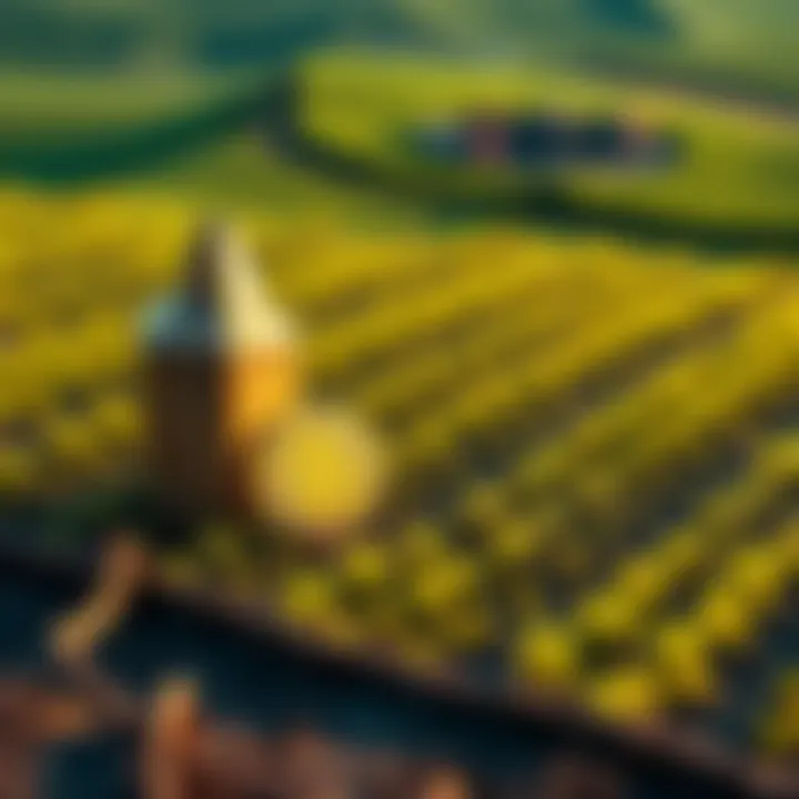 A visual showing cryptocurrency symbols next to a plot of land with crops, symbolizing the comparison between digital and physical assets.