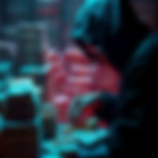 A shadowy figure handling cryptocurrencies with stacks of cash in the background, symbolizing drug cartels using crypto for money laundering.