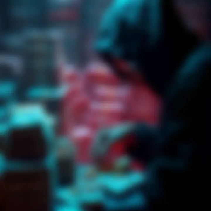 A shadowy figure handling cryptocurrencies with stacks of cash in the background, symbolizing drug cartels using crypto for money laundering.