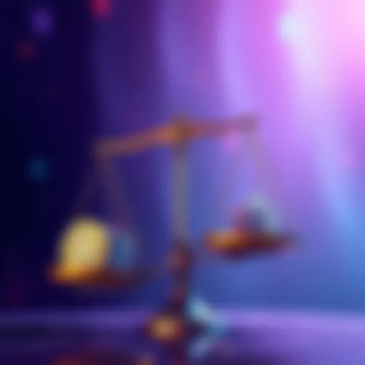 Illustration showing a scale balancing stable coins and bank buildings, symbolizing changes in crypto legislation and banking influence.