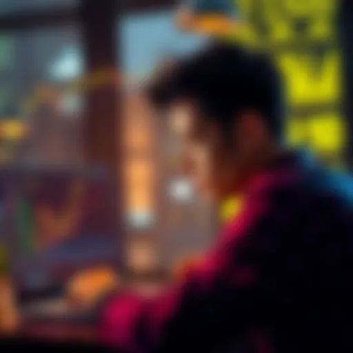 A person looking at a laptop with crypto charts and lending options displayed, deep in thought about financial decisions