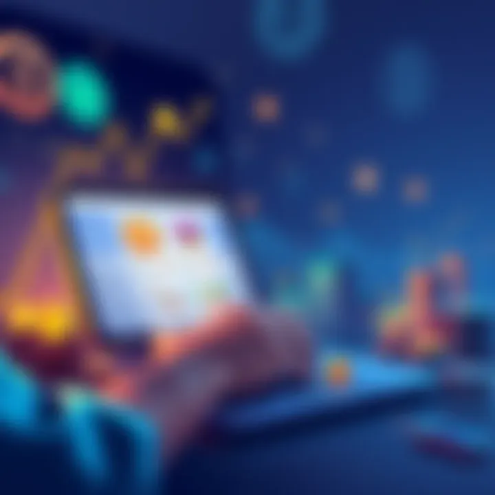 An illustration showing a person comparing various crypto lending platforms on a laptop, with graphics of stablecoins and cryptocurrencies in the background.