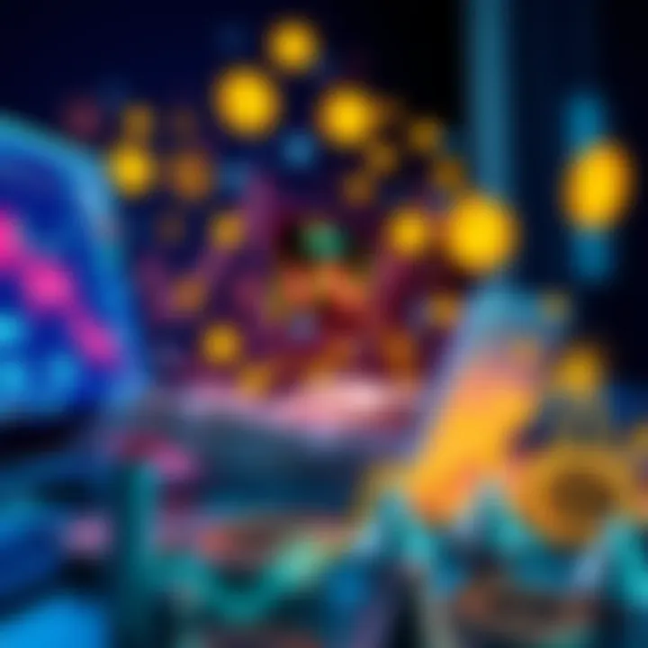 A person analyzing crypto lending options on a laptop, surrounded by digital coins and graphs.