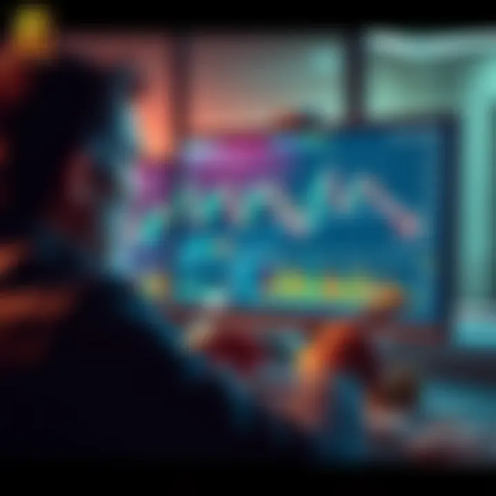 A person looking at cryptocurrency charts on a computer screen, contemplating selling assets to restart dollar-cost averaging strategy, with dollar bills and coins around