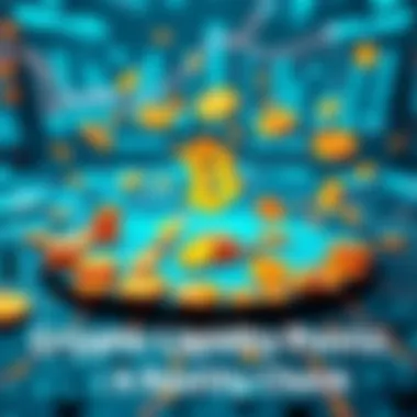A visual representation of crypto liquidity pools with coins circulating around a digital platform, highlighting investment challenges.