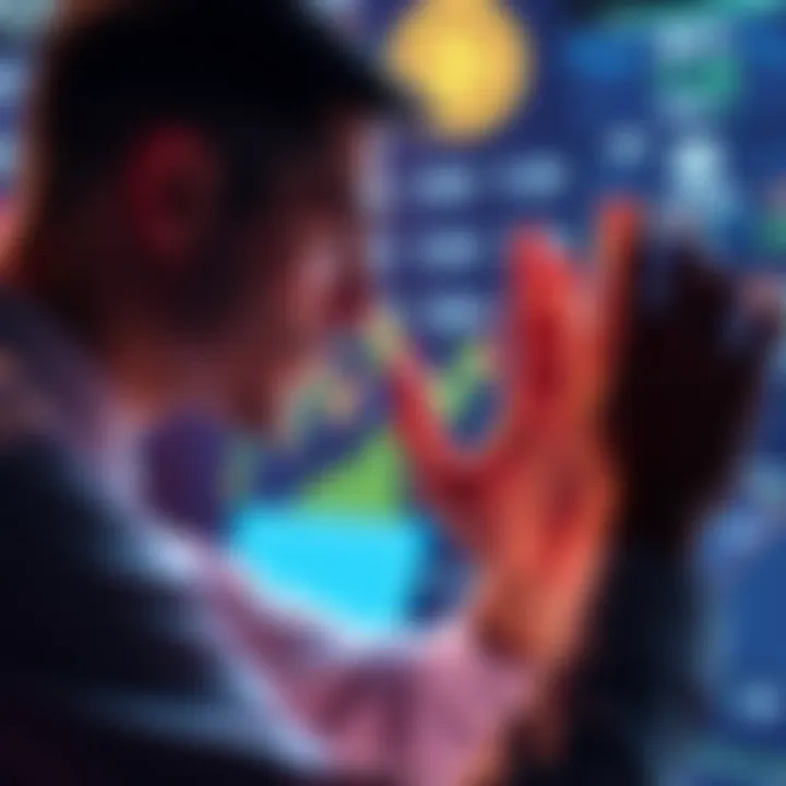 Individual reviewing options for borrowing against crypto assets, with charts and digital currency symbols in view.