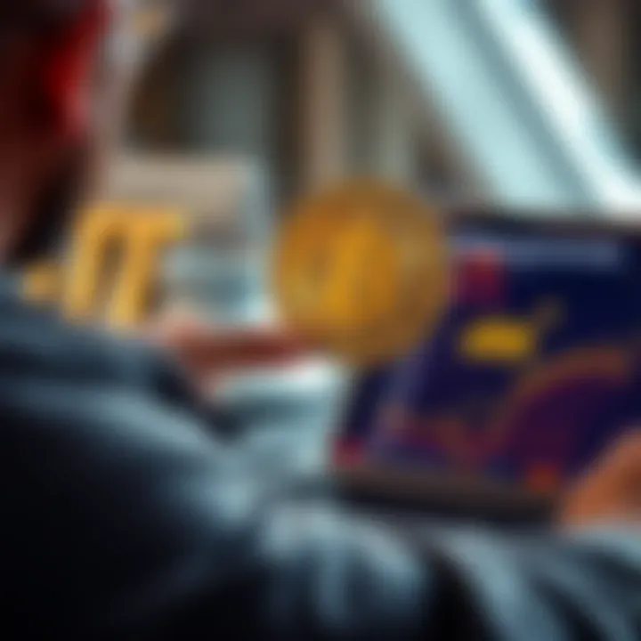 A person considering crypto loans with Bitcoin in hand and a laptop displaying loan options