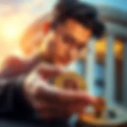 A person examining cryptocurrency coins while considering a loan, with a bank building in the background, symbolizing borrowing against crypto assets.