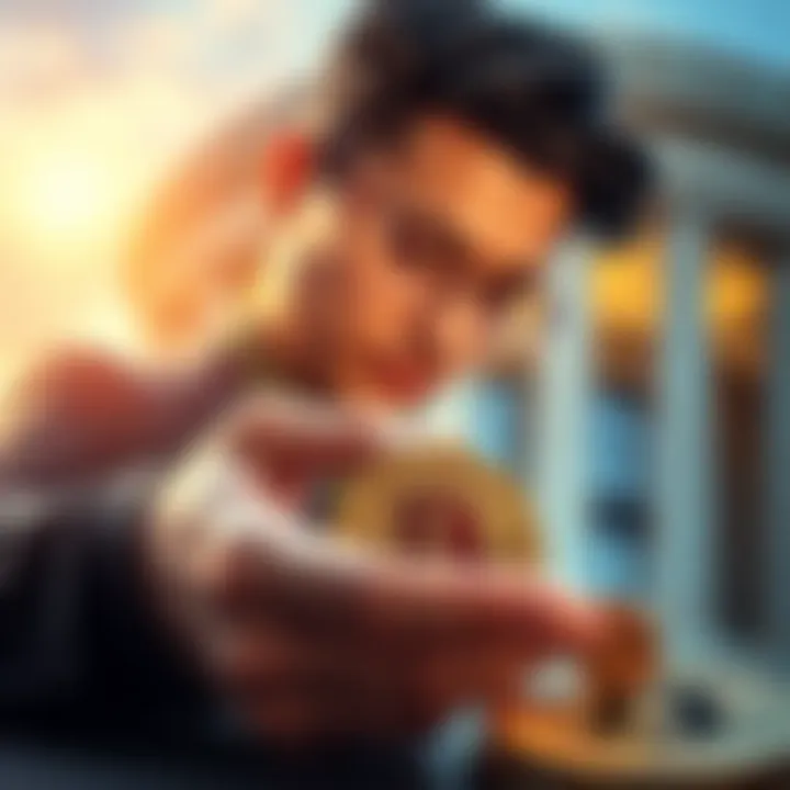 A person examining cryptocurrency coins while considering a loan, with a bank building in the background, symbolizing borrowing against crypto assets.