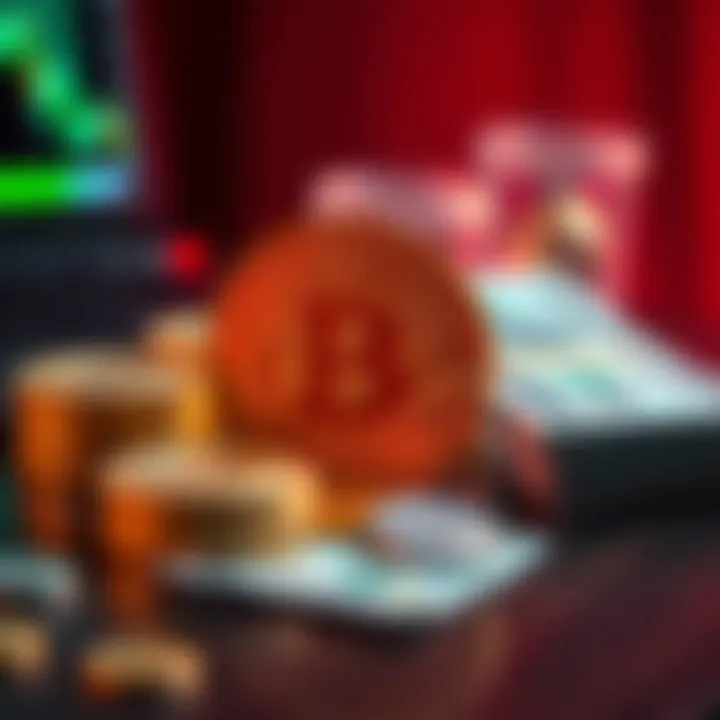 A visual comparison of crypto-backed loans and selling Bitcoin, featuring a digital coin and cash on a table.