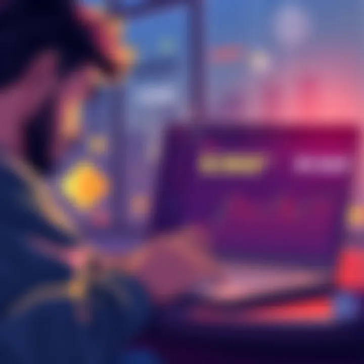 Crypto Loss Illustration A freelancer looks concerned while checking a trading platform on a laptop, showing USDC and USDT tokens and a visible loss of $360 on the screen.