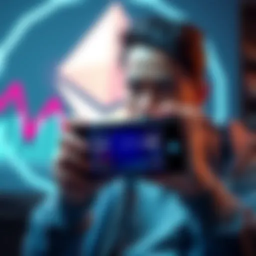 A person looking worried while holding a phone showing cryptocurrency prices, with Ethereum symbol in the background.