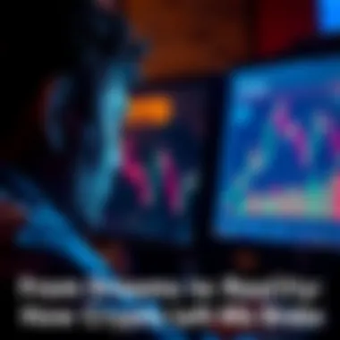 Crypto Loss Reflection A person looking at a computer screen displaying falling cryptocurrency graphs, showing signs of worry and disappointment.