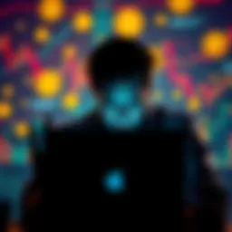 A person looking at their laptop with a distressed expression, surrounded by cryptocurrency symbols and financial charts, conveying feelings of loss and regret in the crypto market.