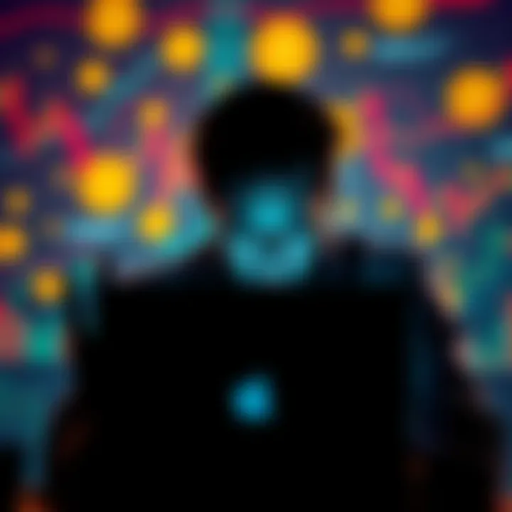 A person looking at their laptop with a distressed expression, surrounded by cryptocurrency symbols and financial charts, conveying feelings of loss and regret in the crypto market.