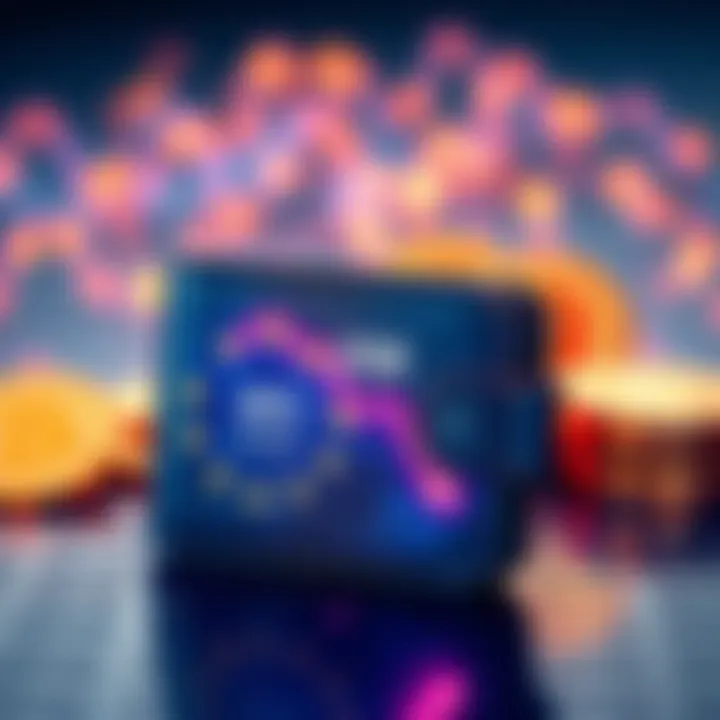 A digital wallet showing a declining balance, symbolizing the losses faced by EU cryptocurrency holders as prices drop, with a backdrop of cryptocurrency symbols.