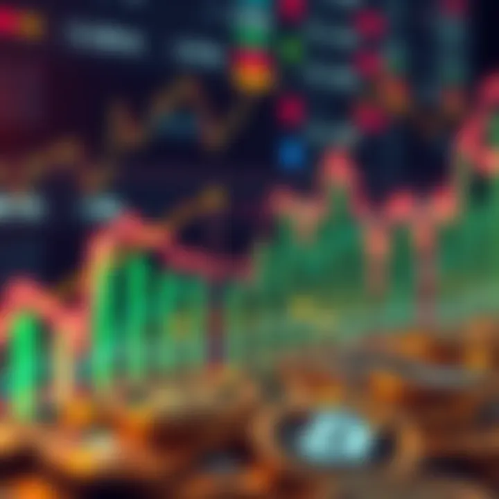 A graph showing rising and falling cryptocurrency prices with a background of digital coins.
