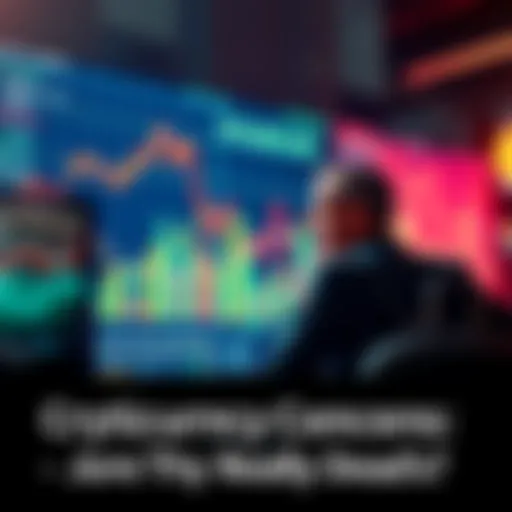 A digital chart showing fluctuations in cryptocurrency values with worried investors observing it, symbolizing the current market instability.