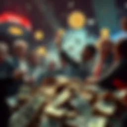 A chaotic scene depicting retail investors looking worried while a group of insiders celebrate around a pile of money and meme graphics.