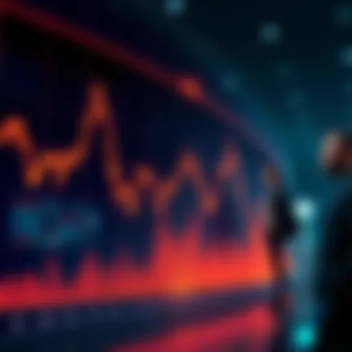 A graph showing a steep decline in cryptocurrency prices, with worried investors observing on the side