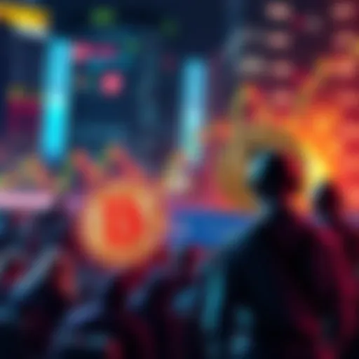 A visual representation of a crashing cryptocurrency market with Bitcoin and Tether symbols alongside worried taxpayers.