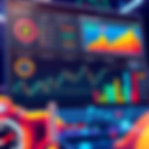 A vibrant illustration showing live cryptocurrency market data on a user dashboard, featuring price charts, volume statistics, and market cap indicators with bright colors and modern design.