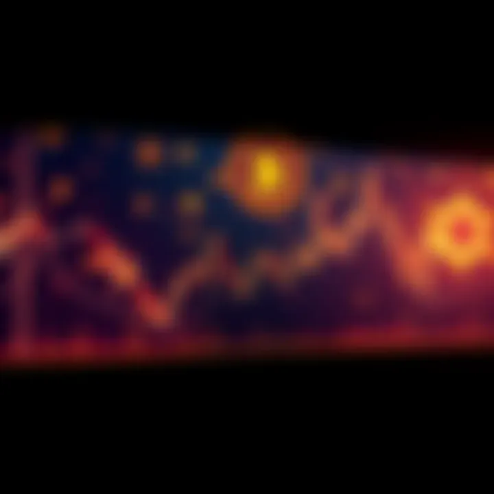 A graph showing a downward trend in cryptocurrency prices with faded excitement symbols in the background