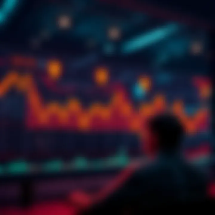 A graph showing a significant drop in cryptocurrency prices with red arrows indicating decline and a worried investor looking at a screen.