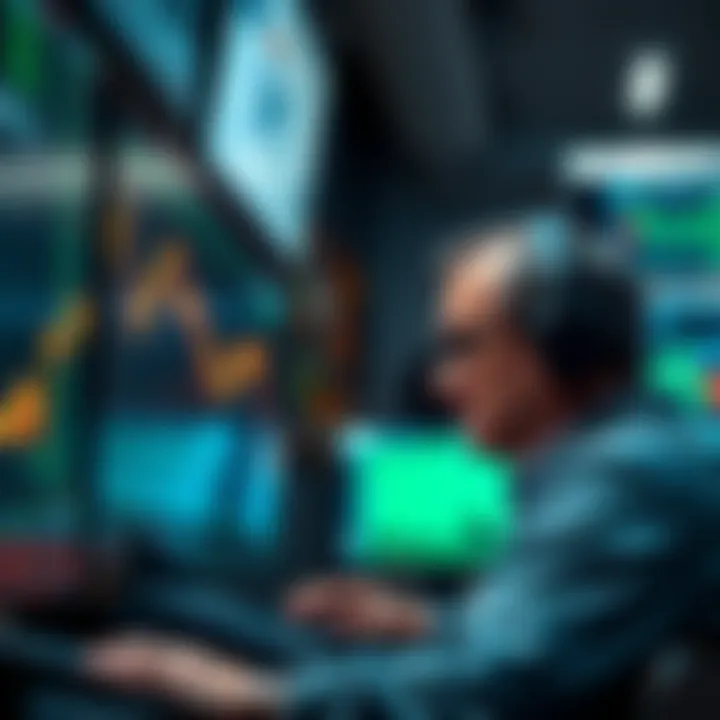 Graph showing a downward trend in the crypto market with a worried trader looking at screens