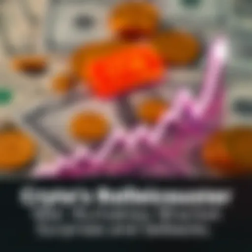 Graph showing rising and falling trends in the cryptocurrency market with a background of dollar bills and coins