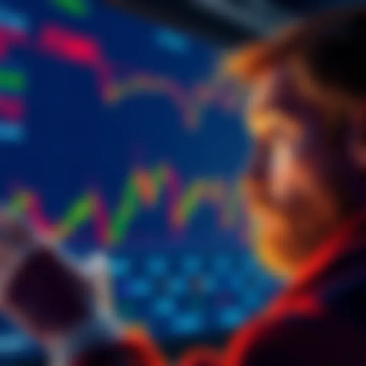 A person looking at a chart showing fluctuating cryptocurrency prices, with expressions of excitement and confusion, symbolizing FOMO.