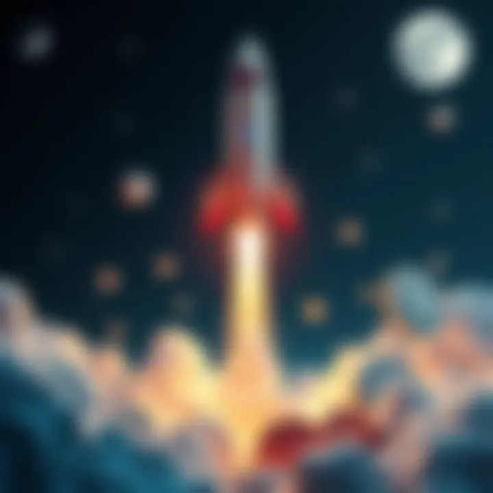 A vibrant graphic showing a rocket taking off with cryptocurrencies symbolizing a surge in the market.
