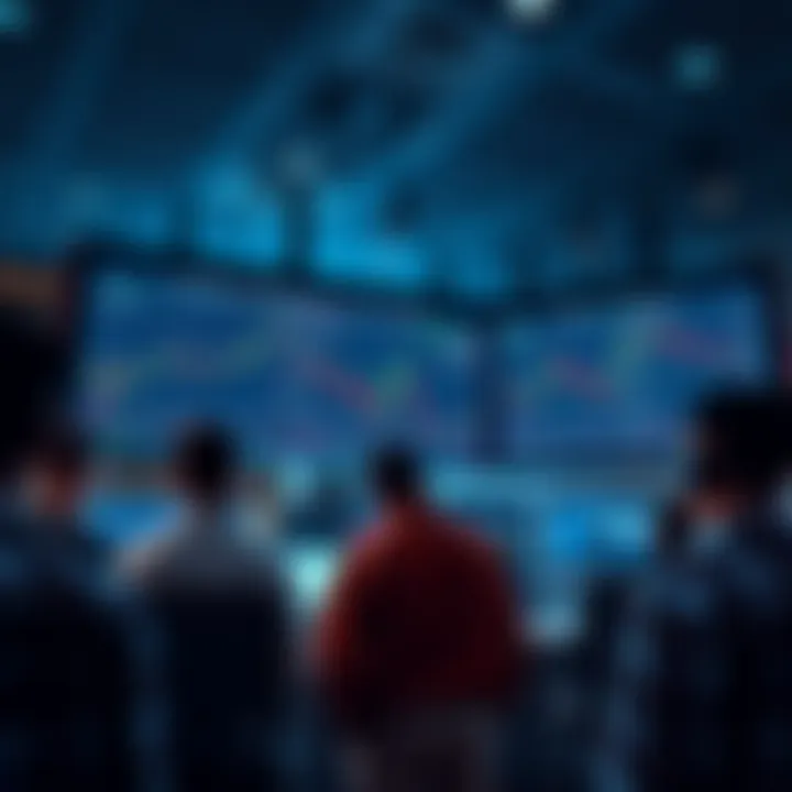 People watching stock market charts on screens, showing stagnant prices as they await news from Iran.