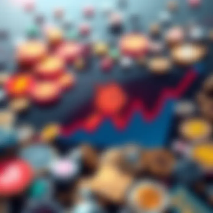 A chart illustrating the ups and downs of Dogecoin in the cryptocurrency market, surrounded by symbols of various cryptocurrencies.