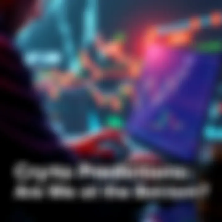 Trader analyzing crypto charts on a laptop with fluctuating graphs and currency symbols