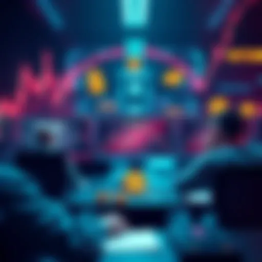 A visual representation of crypto trading patterns showing buying leading to stagnation and selling resulting in gains. Traders are depicted analyzing graphs on screens with currency symbols around th...