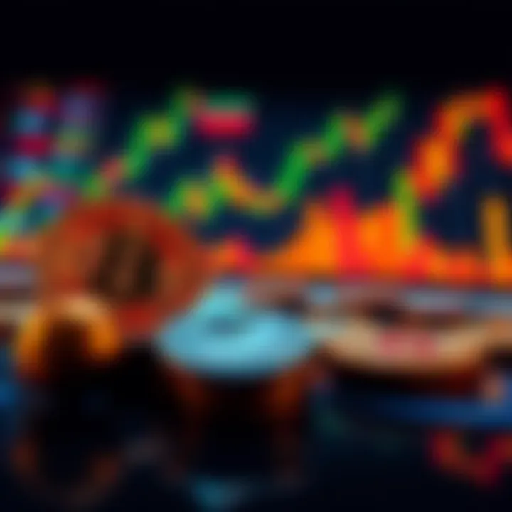 A visual representation of cryptocurrency symbols like Bitcoin, Ethereum, and meme coins with a backdrop of stock market graphs and charts indicating trends.
