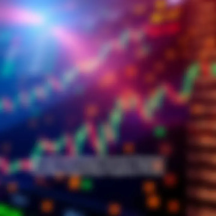 Graphic showing fluctuating cryptocurrency prices with a background of financial graphs and symbols.