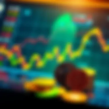 A graphic showing rising cryptocurrency prices with charts and digital coins.
