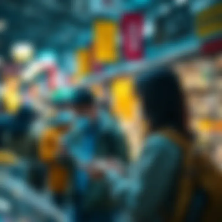 A vibrant marketplace where people trade goods using cryptocurrency, showcasing digital currency on smartphones and tablets.