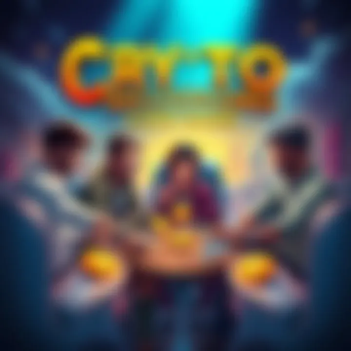 Crypto Millionaires Card Game Players strategizing with cards representing different cryptocurrencies and market events in the game Crypto Millionaires