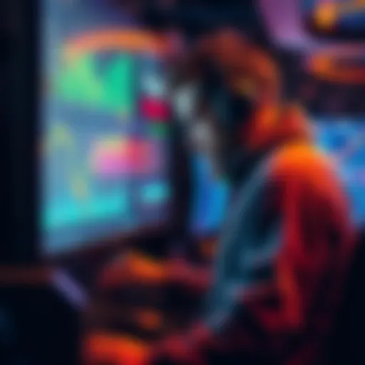 A dedicated crypto miner checking their equipment while a computer screen displays mining statistics and cryptocurrency charts, reflecting focus and concentration during a slow market phase.